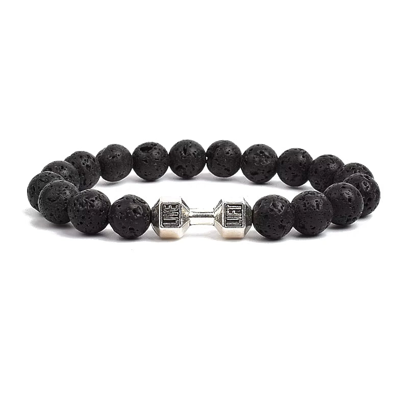 Men's Dumbbell Beaded Bracelet Natural Black Lava Stone Zaleno