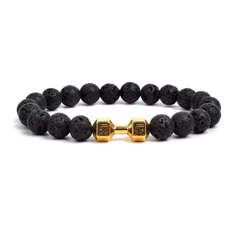 Men's Dumbbell Beaded Bracelet Natural Black Lava Stone Zaleno