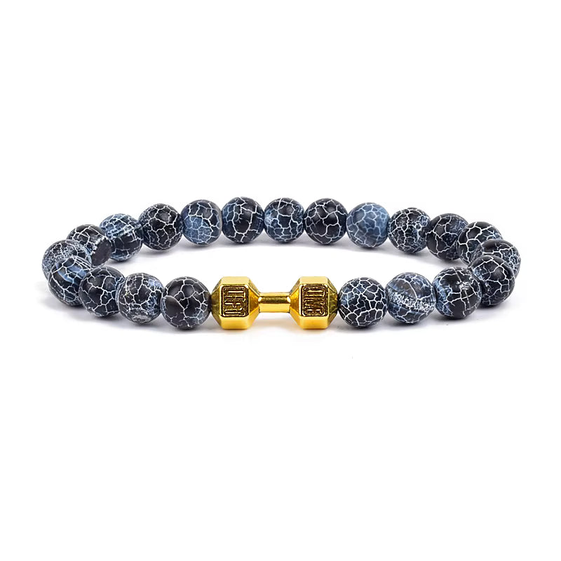Men's Dumbbell Beaded Bracelet Natural Black Lava Stone Zaleno