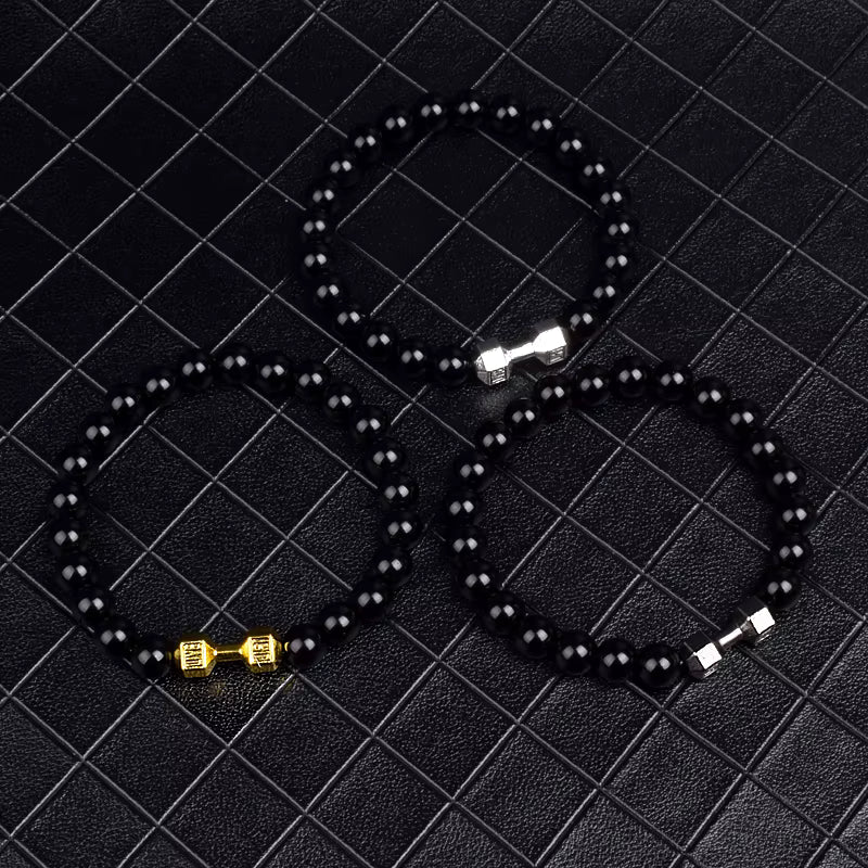 Men's Dumbbell Beaded Bracelet Natural Black Lava Stone Zaleno