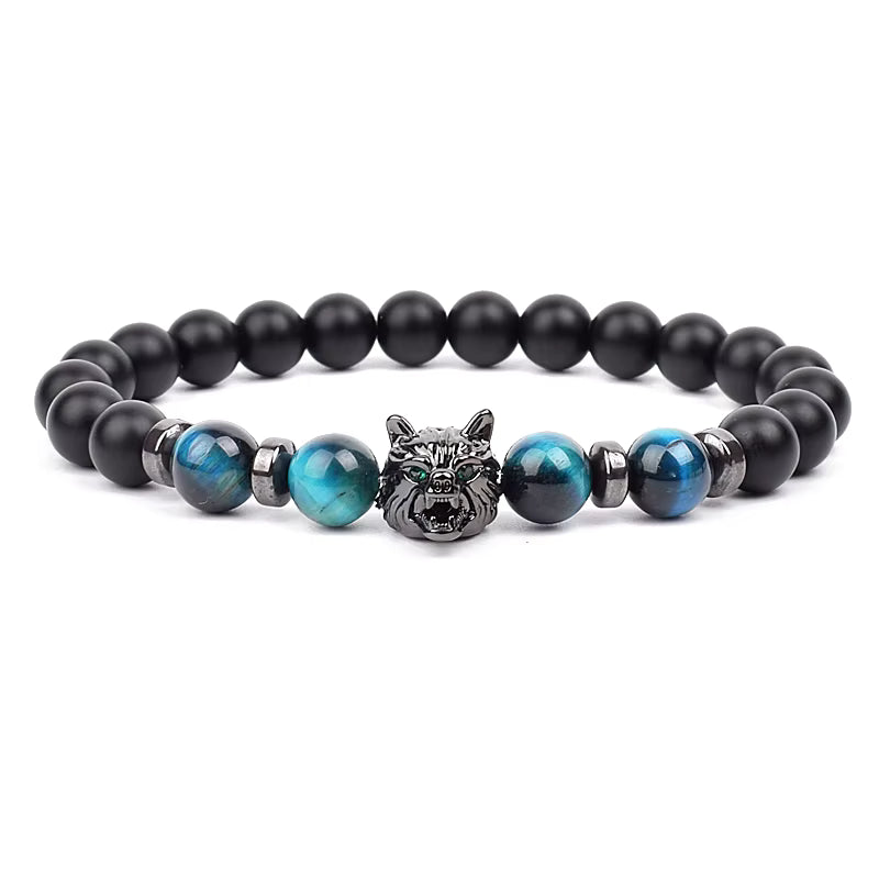 Men's Natural Stone Beaded Bracelet Elastic 8mm Onyx Blue Tiger Eye