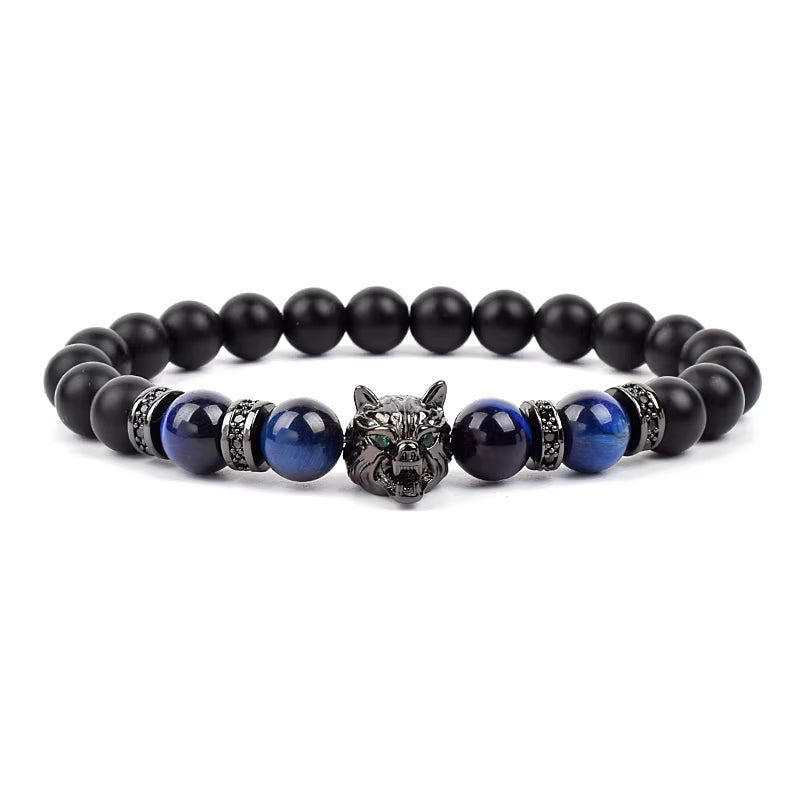 Men's Natural Stone Beaded Bracelet Elastic 8mm Onyx Blue Tiger Eye