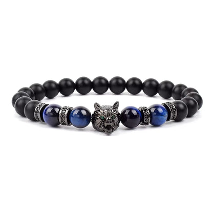 Men's Natural Stone Beaded Bracelet Elastic 8mm Onyx Blue Tiger Eye