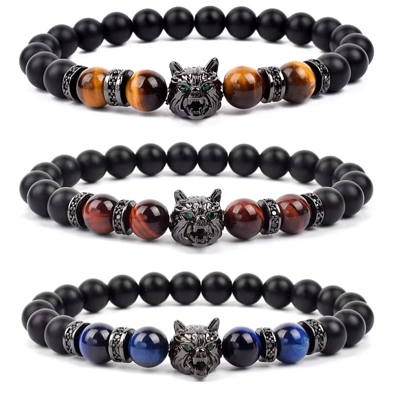Men's Natural Stone Beaded Bracelet Elastic 8mm Onyx Blue Tiger Eye