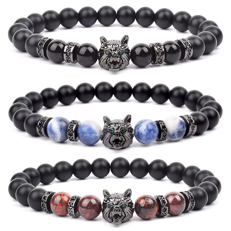 Men's Natural Stone Beaded Bracelet Elastic 8mm Onyx Blue Tiger Eye