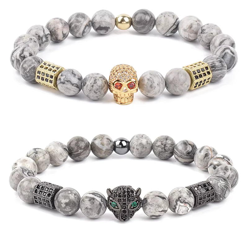 Men's Skull Beaded Bracelet Cubic Zirconia Leopard Gray Map Stone
