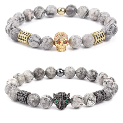 Men's Skull Beaded Bracelet Cubic Zirconia Leopard Gray Map Stone