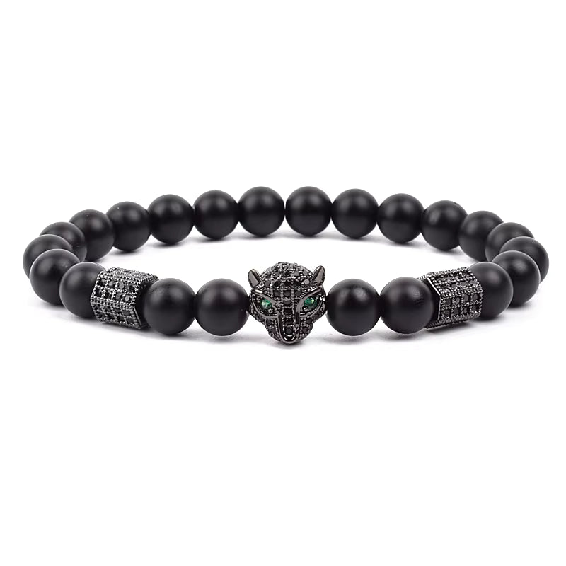 Men's Skull Beaded Bracelet Cubic Zirconia Leopard Gray Map Stone