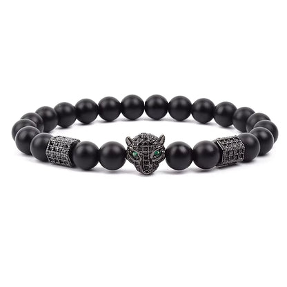 Men's Skull Beaded Bracelet Cubic Zirconia Leopard Gray Map Stone