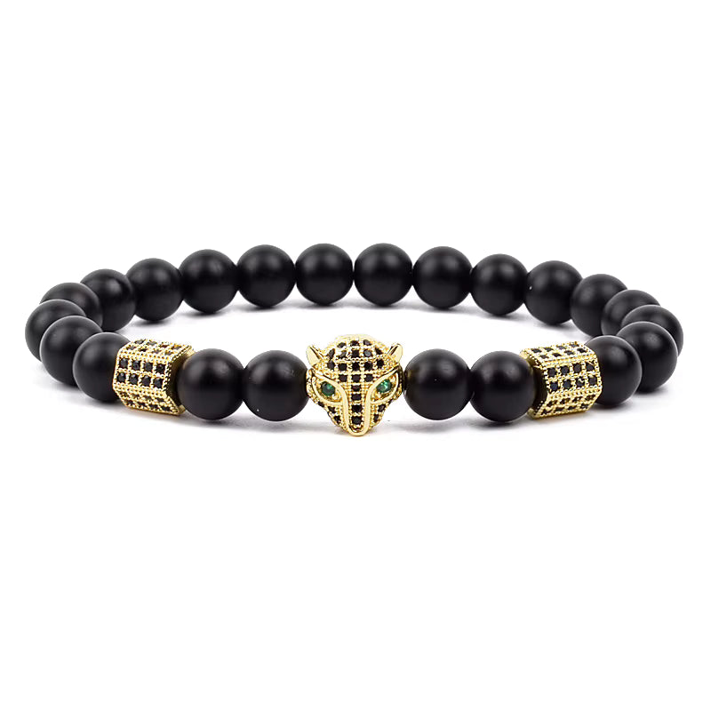 Men's Skull Beaded Bracelet Cubic Zirconia Leopard Gray Map Stone