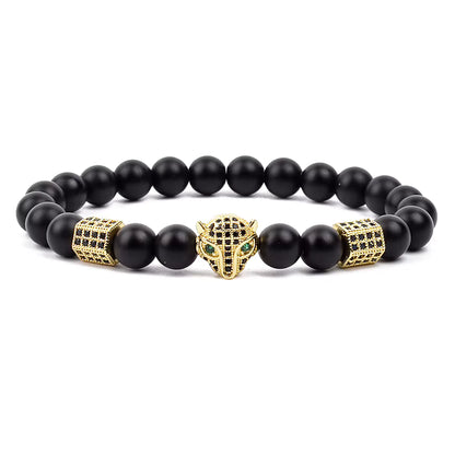 Men's Skull Beaded Bracelet Cubic Zirconia Leopard Gray Map Stone