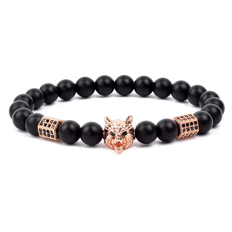 Men's Skull Beaded Bracelet Cubic Zirconia Leopard Gray Map Stone