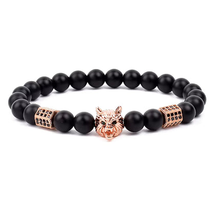 Men's Skull Beaded Bracelet Cubic Zirconia Leopard Gray Map Stone