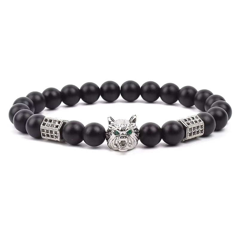 Men's Skull Beaded Bracelet Cubic Zirconia Leopard Gray Map Stone