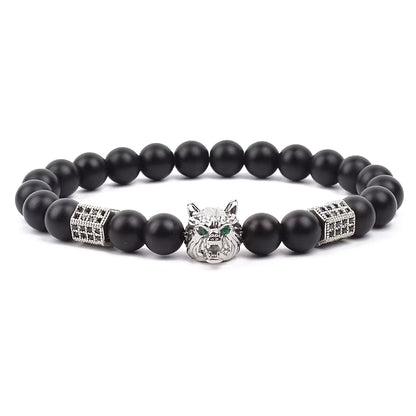 Men's Skull Beaded Bracelet Cubic Zirconia Leopard Gray Map Stone