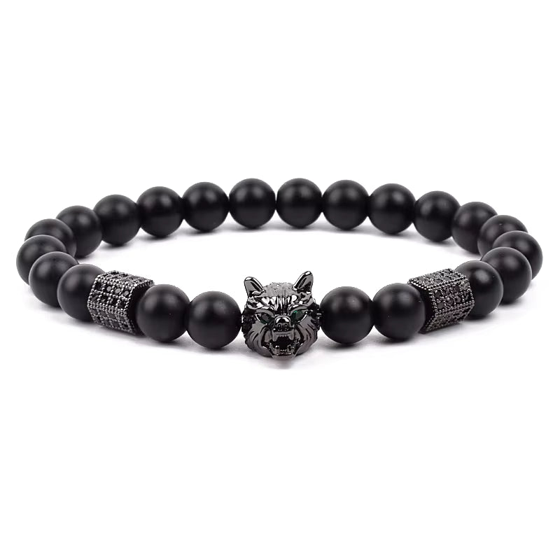 Men's Skull Beaded Bracelet Cubic Zirconia Leopard Gray Map Stone