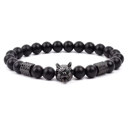 Men's Skull Beaded Bracelet Cubic Zirconia Leopard Gray Map Stone