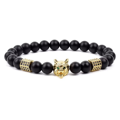 Men's Skull Beaded Bracelet Cubic Zirconia Leopard Gray Map Stone