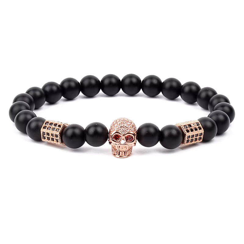 Men's Skull Beaded Bracelet Cubic Zirconia Leopard Gray Map Stone