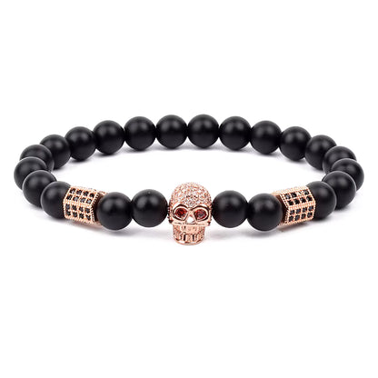 Men's Skull Beaded Bracelet Cubic Zirconia Leopard Gray Map Stone