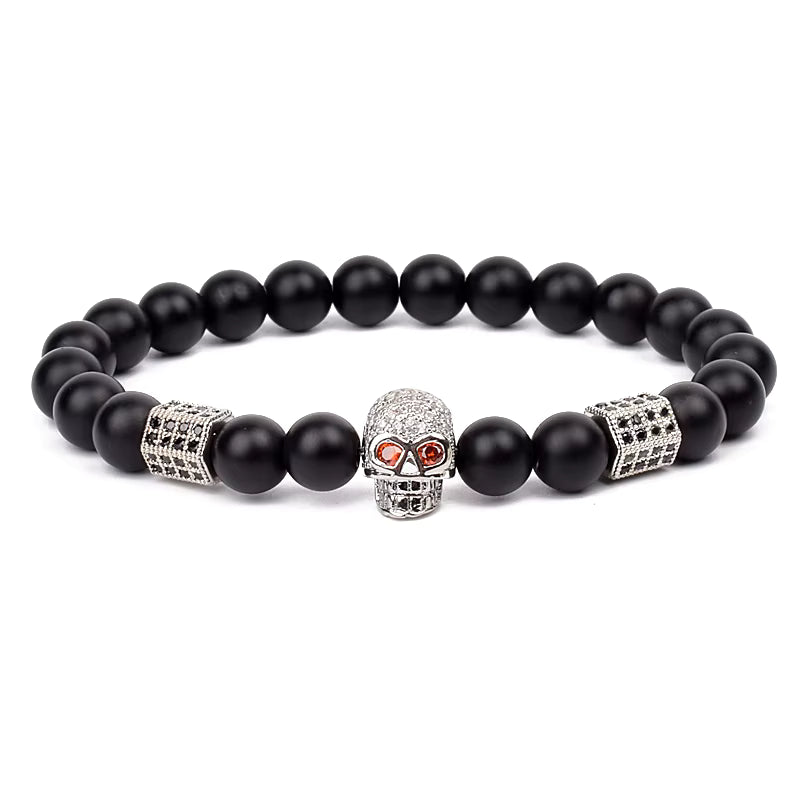 Men's Skull Beaded Bracelet Cubic Zirconia Leopard Gray Map Stone