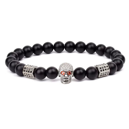 Men's Skull Beaded Bracelet Cubic Zirconia Leopard Gray Map Stone