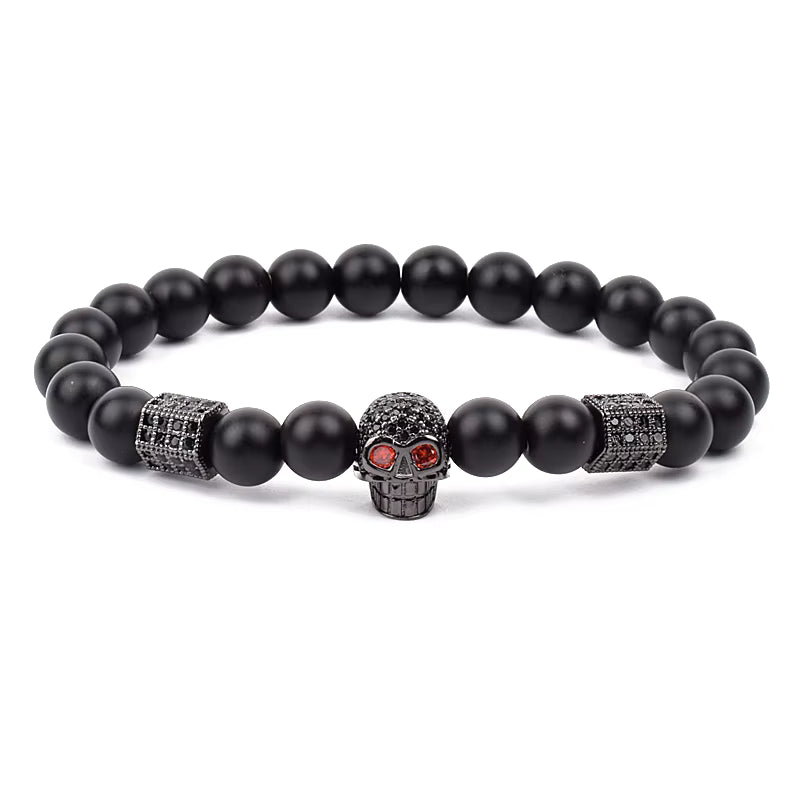 Men's Skull Beaded Bracelet Cubic Zirconia Leopard Gray Map Stone