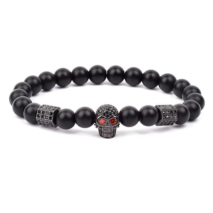 Men's Skull Beaded Bracelet Cubic Zirconia Leopard Gray Map Stone