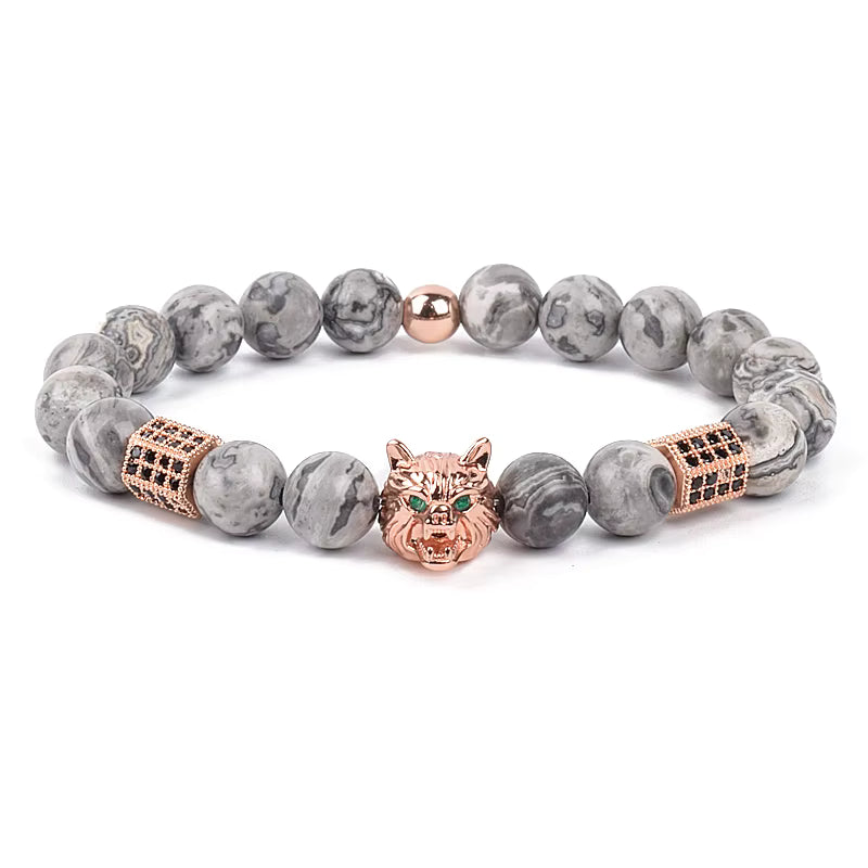 Men's Skull Beaded Bracelet Cubic Zirconia Leopard Gray Map Stone
