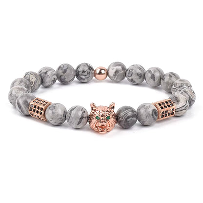 Men's Skull Beaded Bracelet Cubic Zirconia Leopard Gray Map Stone