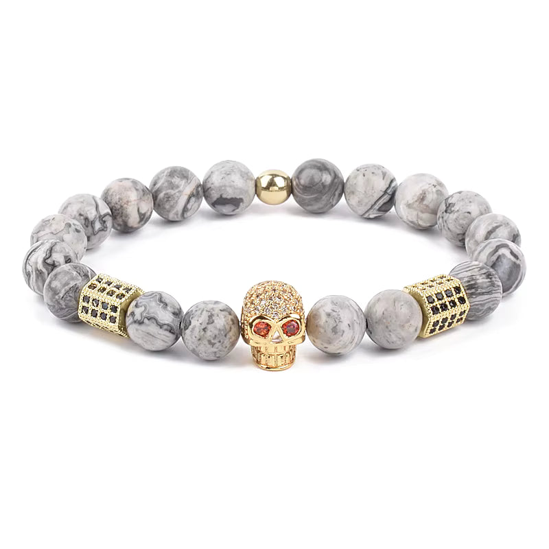 Men's Skull Beaded Bracelet Cubic Zirconia Leopard Gray Map Stone