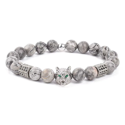 Men's Skull Beaded Bracelet Cubic Zirconia Leopard Gray Map Stone