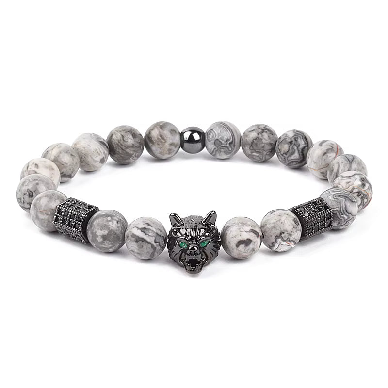 Men's Skull Beaded Bracelet Cubic Zirconia Leopard Gray Map Stone
