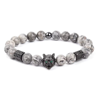 Men's Skull Beaded Bracelet Cubic Zirconia Leopard Gray Map Stone