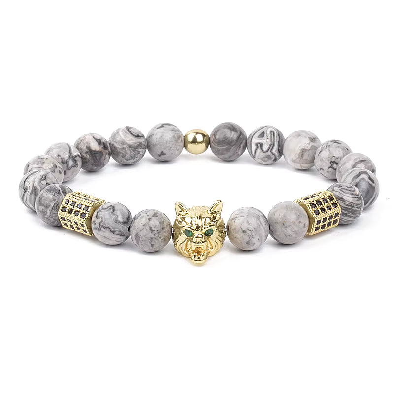Men's Skull Beaded Bracelet Cubic Zirconia Leopard Gray Map Stone