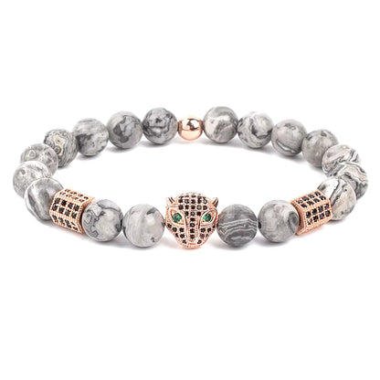 Men's Skull Beaded Bracelet Cubic Zirconia Leopard Gray Map Stone