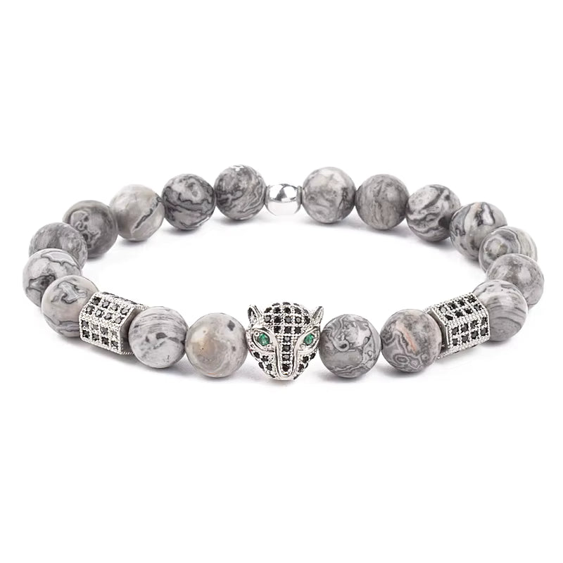 Men's Skull Beaded Bracelet Cubic Zirconia Leopard Gray Map Stone