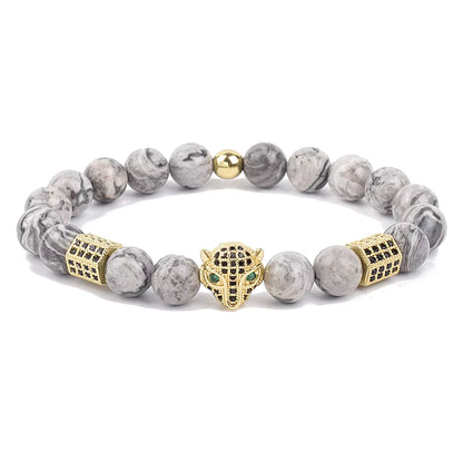 Men's Skull Beaded Bracelet Cubic Zirconia Leopard Gray Map Stone