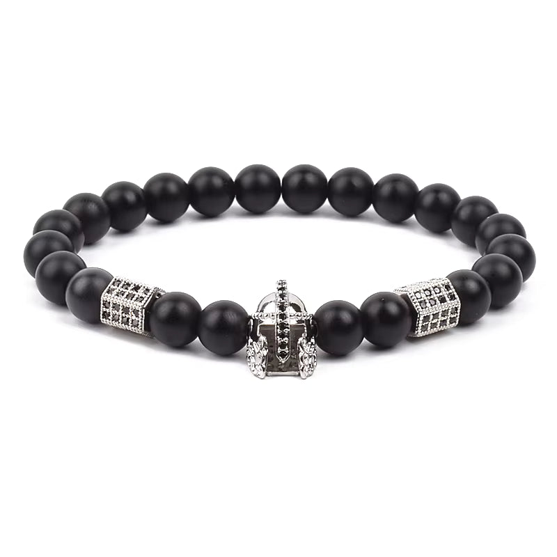 Men's Skull Beaded Bracelet Cubic Zirconia Leopard Gray Map Stone