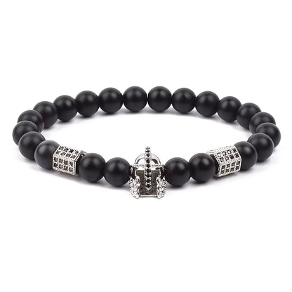 Men's Skull Beaded Bracelet Cubic Zirconia Leopard Gray Map Stone