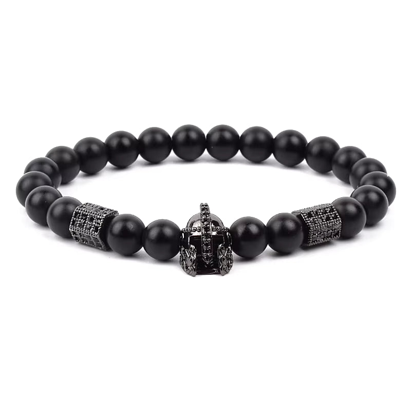 Men's Skull Beaded Bracelet Cubic Zirconia Leopard Gray Map Stone