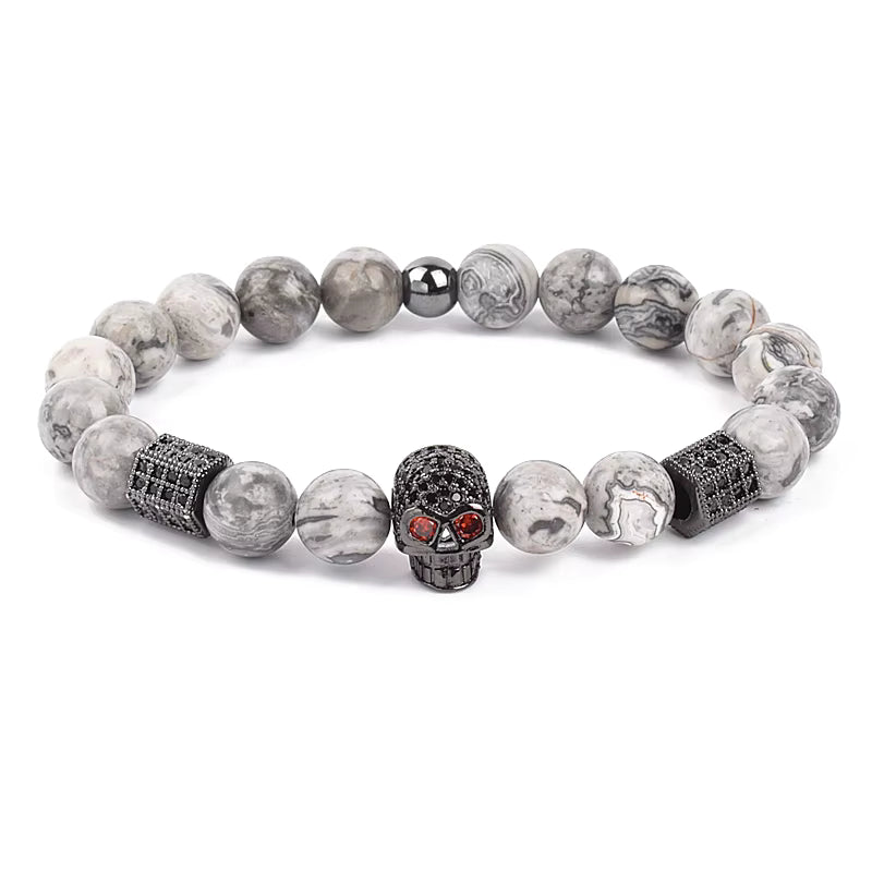 Men's Skull Beaded Bracelet Cubic Zirconia Leopard Gray Map Stone