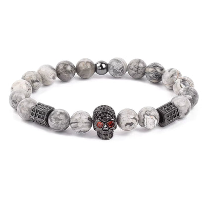Men's Skull Beaded Bracelet Cubic Zirconia Leopard Gray Map Stone