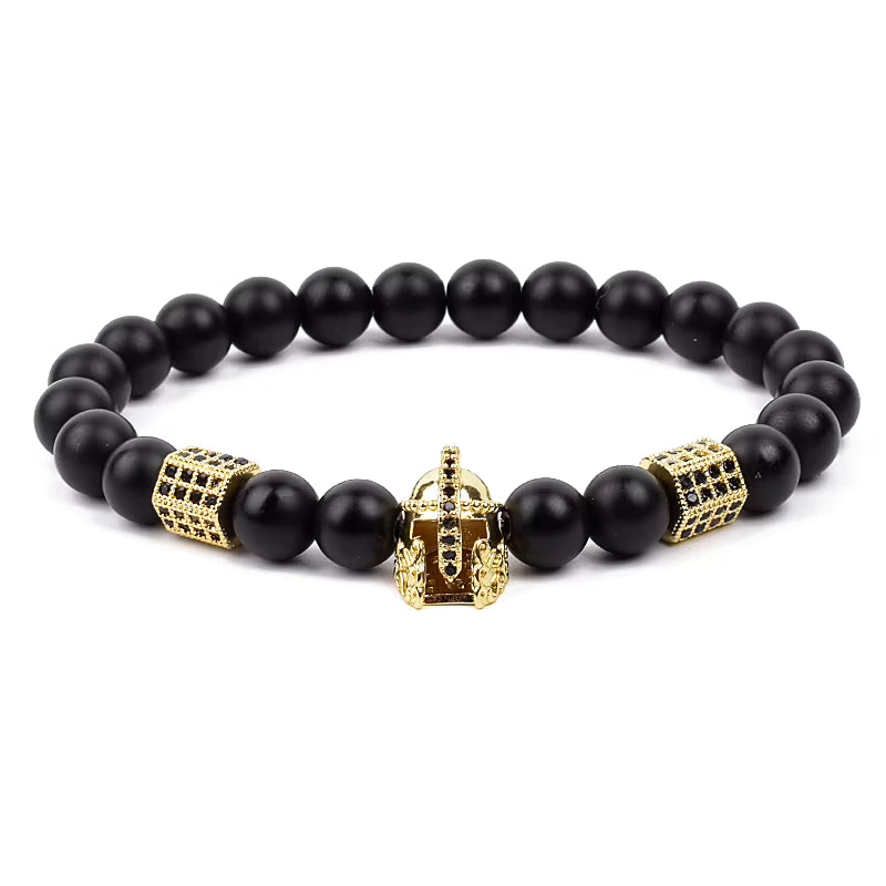 Men's Skull Beaded Bracelet Cubic Zirconia Leopard Gray Map Stone
