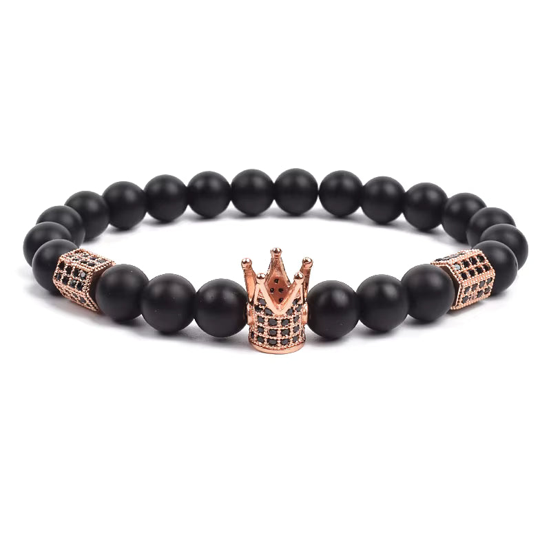 Men's Skull Beaded Bracelet Cubic Zirconia Leopard Gray Map Stone