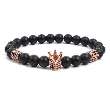 Men's Skull Beaded Bracelet Cubic Zirconia Leopard Gray Map Stone