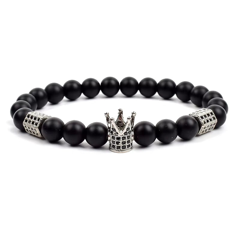 Men's Skull Beaded Bracelet Cubic Zirconia Leopard Gray Map Stone