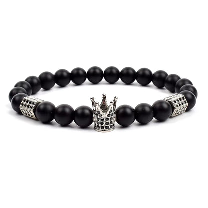 Men's Skull Beaded Bracelet Cubic Zirconia Leopard Gray Map Stone