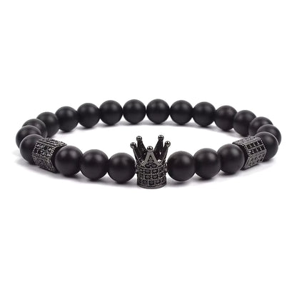 Men's Skull Beaded Bracelet Cubic Zirconia Leopard Gray Map Stone