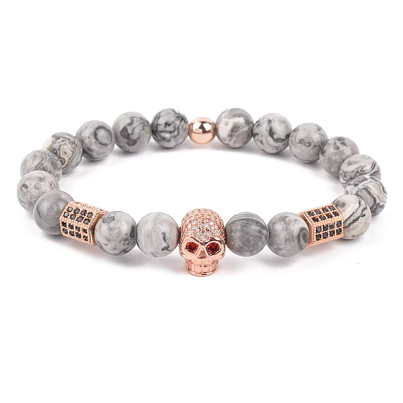 Men's Skull Beaded Bracelet Cubic Zirconia Leopard Gray Map Stone